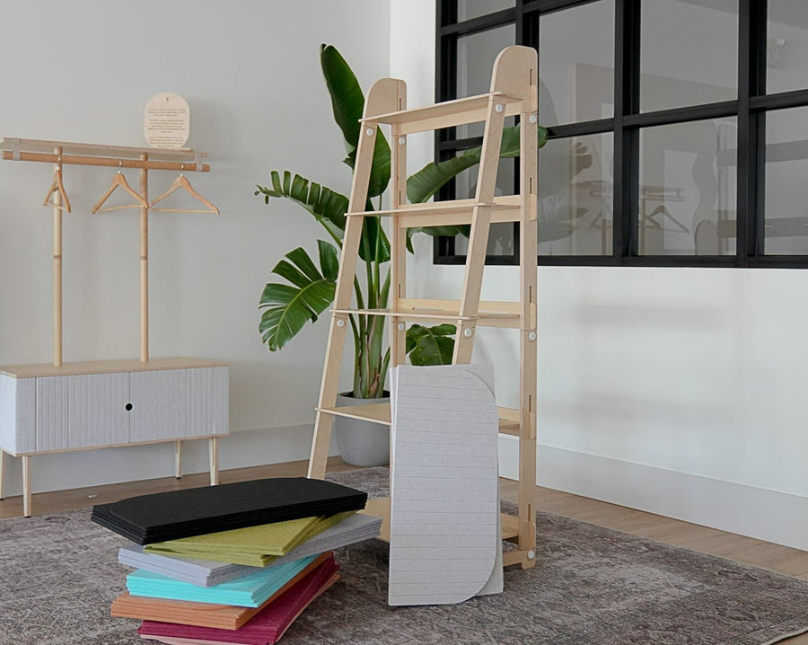 Vertical Ledge Aframe 3.0: Sustainable Baltic Birch portable shelving unit, ideal for retail displays with toolless, quick setup and eco-friendly design